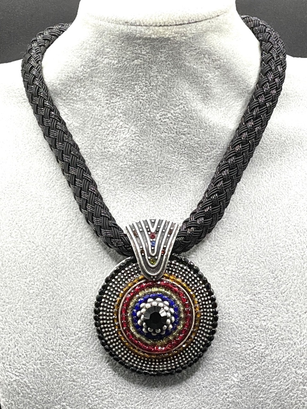 Chico's NWT Chunky Black Cord Medallion Pendant Statement Necklace